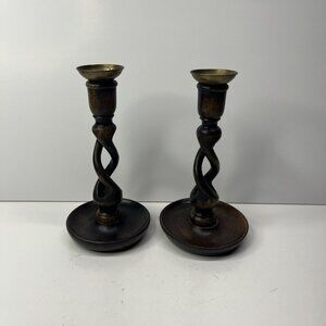 Candle Holders Antique English Oak Barley Twist Candlestick Brass Insert 8.5”